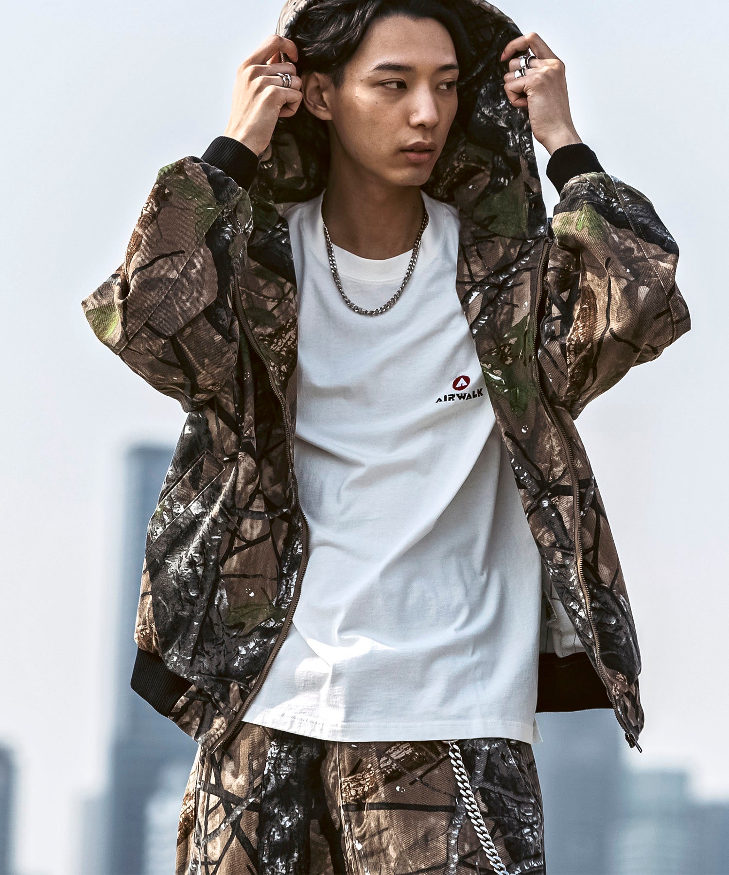 25SS【Labordi / ラボード】ツリーカモ柄 リアルツリー / デニム / ケミカル加工 ボックスシルエット フーディー ミリタリーフードジャケット