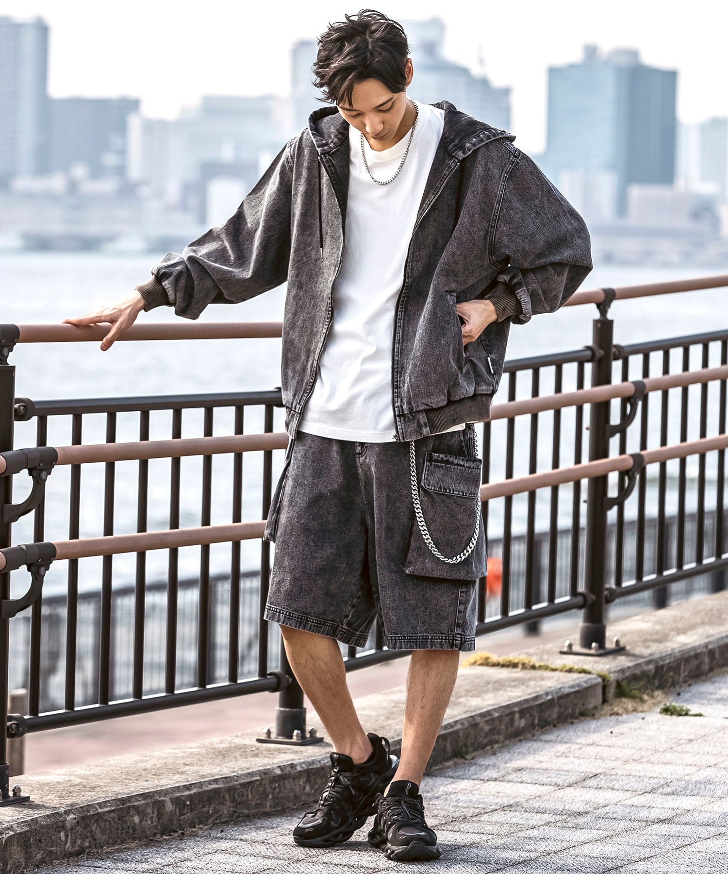 25SS【Labordi / ラボード】デニム / ケミカル加工 ボックスシルエット フーディー ミリタリーフードジャケット