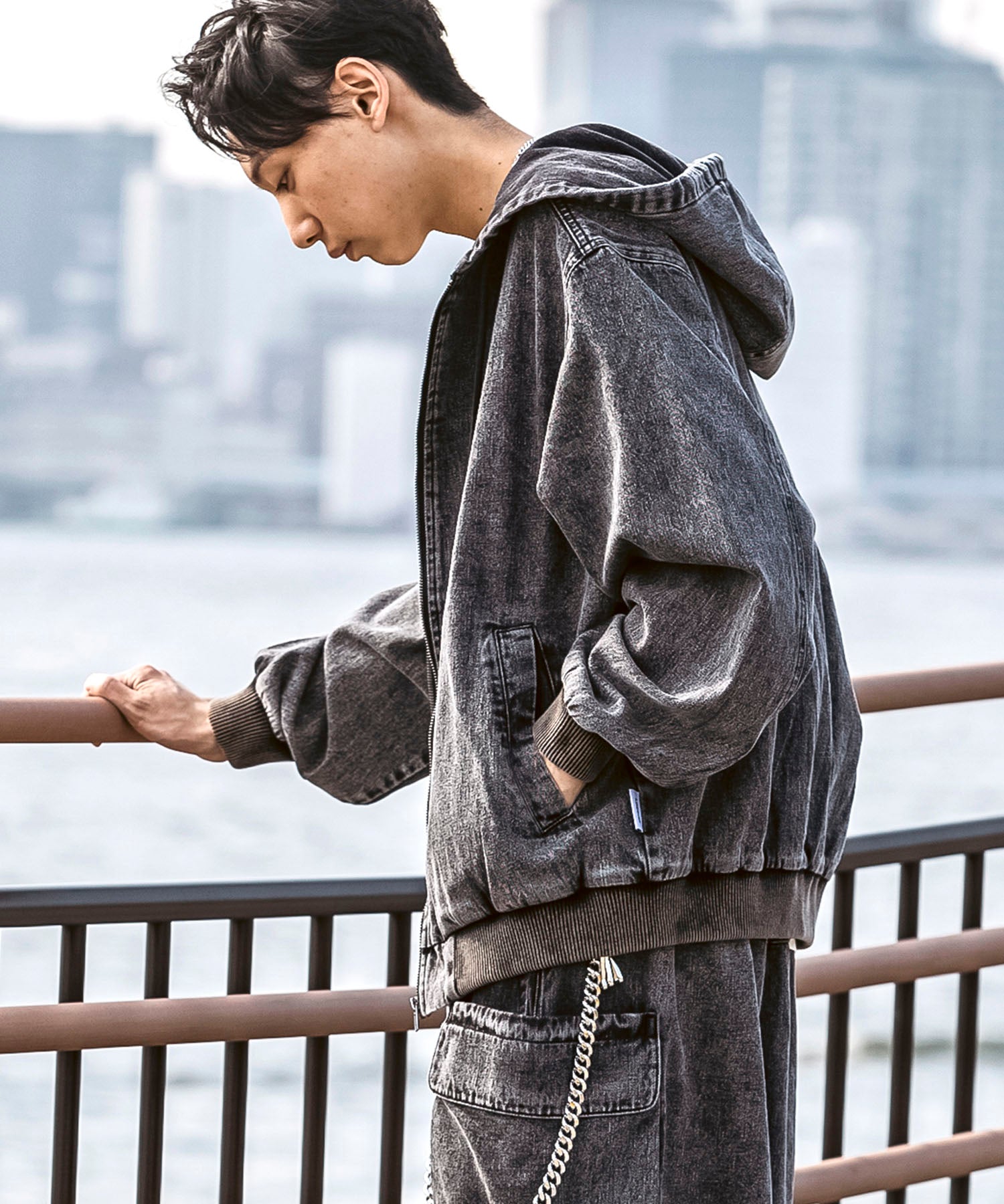 25SS【Labordi / ラボード】デニム / ケミカル加工 ボックスシルエット フーディー ミリタリーフードジャケット