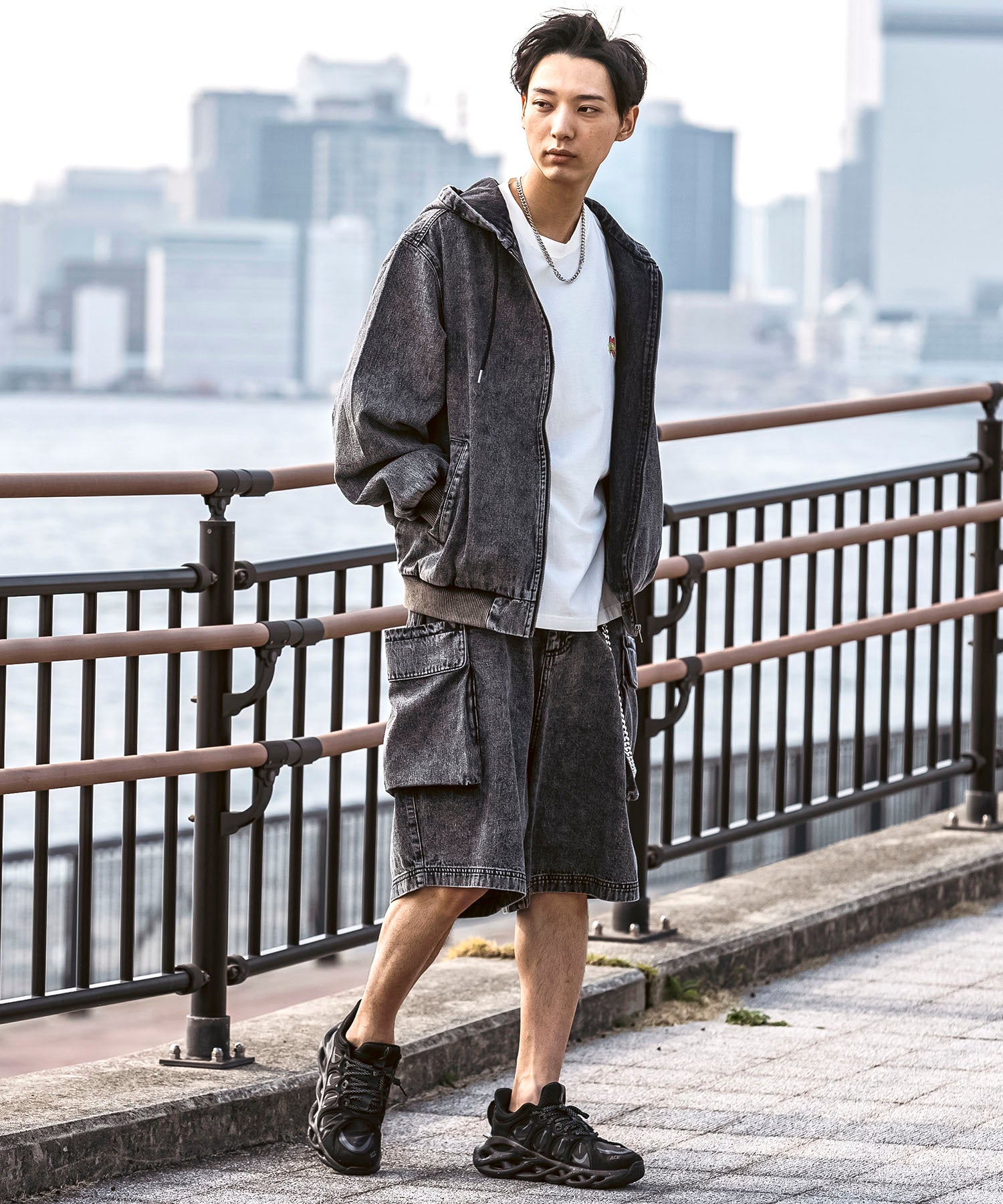 25SS【Labordi / ラボード】デニム / ケミカル加工 ボックスシルエット フーディー ミリタリーフードジャケット