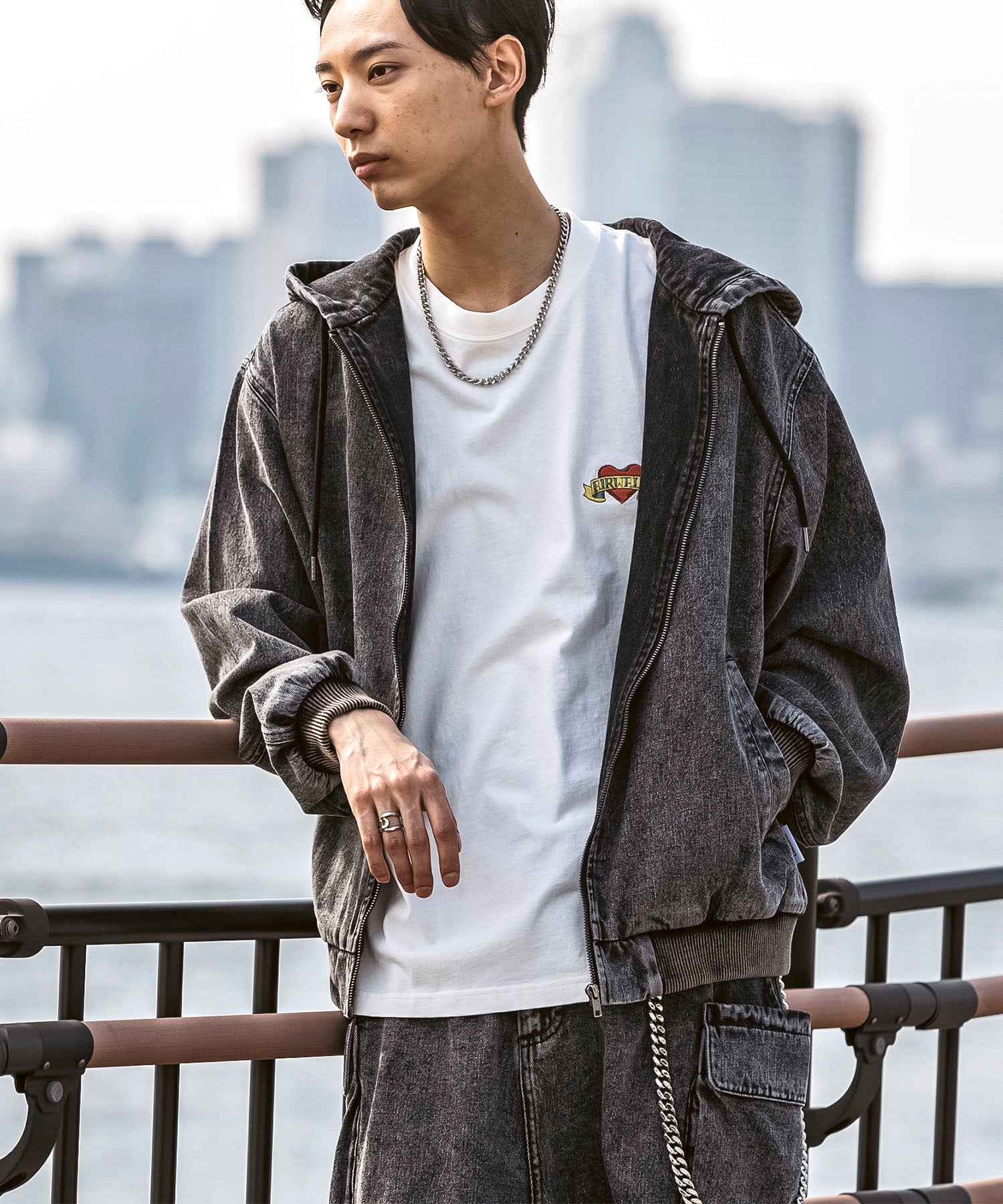 25SS【Labordi / ラボード】デニム / ケミカル加工 ボックスシルエット フーディー ミリタリーフードジャケット