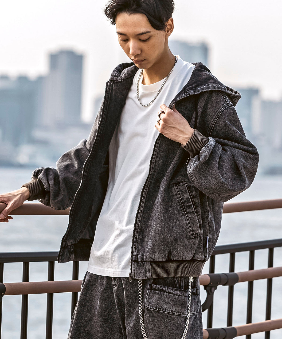 25SS【Labordi / ラボード】デニム / ケミカル加工 ボックスシルエット フーディー ミリタリーフードジャケット