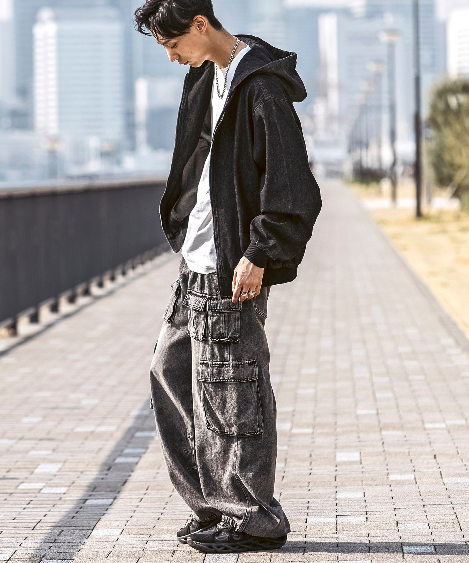 25SS【Labordi / ラボード】デニム / ケミカル加工 ボックスシルエット フーディー ミリタリーフードジャケット
