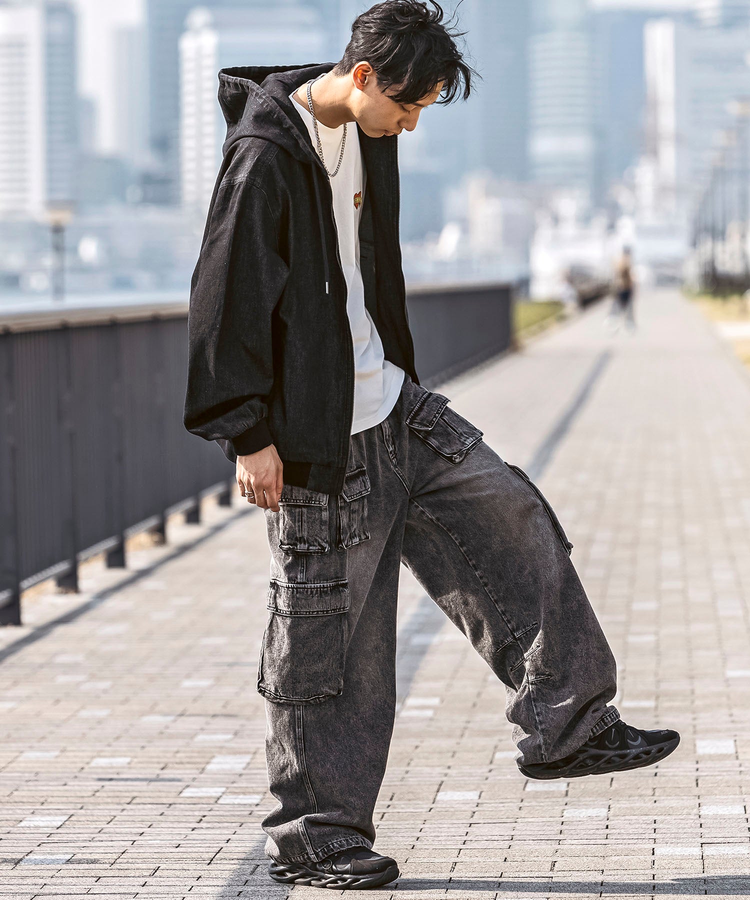 25SS【Labordi / ラボード】デニム / ケミカル加工 ボックスシルエット フーディー ミリタリーフードジャケット