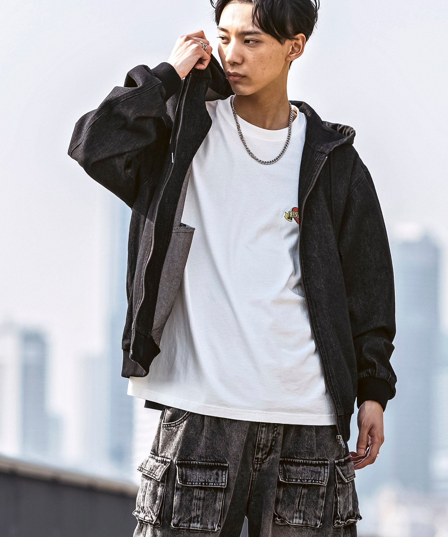 25SS【Labordi / ラボード】デニム / ケミカル加工 ボックスシルエット フーディー ミリタリーフードジャケット