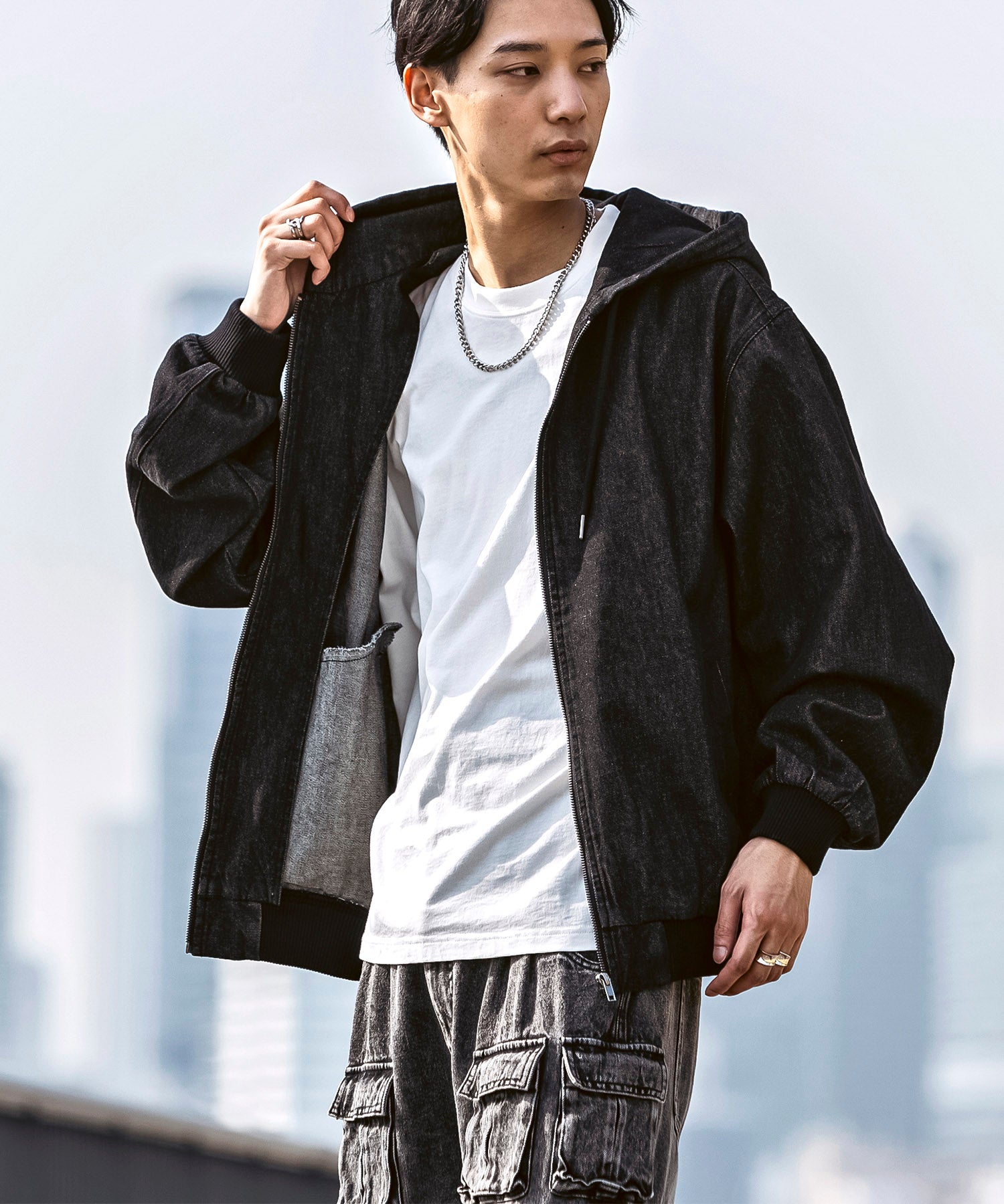 25SS【Labordi / ラボード】デニム / ケミカル加工 ボックスシルエット フーディー ミリタリーフードジャケット