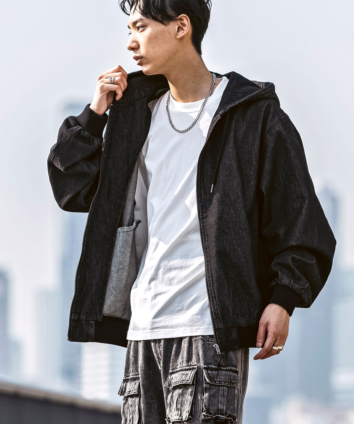 25SS【Labordi / ラボード】デニム / ケミカル加工 ボックスシルエット フーディー ミリタリーフードジャケット