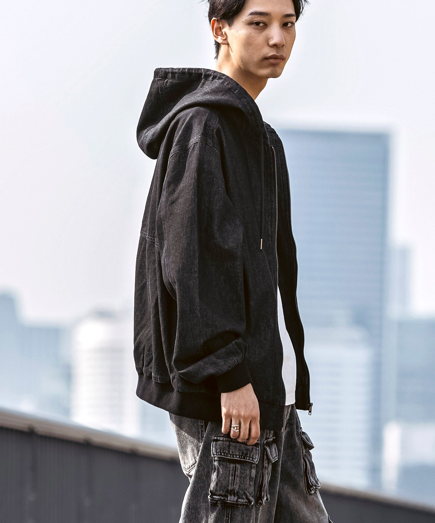 25SS【Labordi / ラボード】デニム / ケミカル加工 ボックスシルエット フーディー ミリタリーフードジャケット