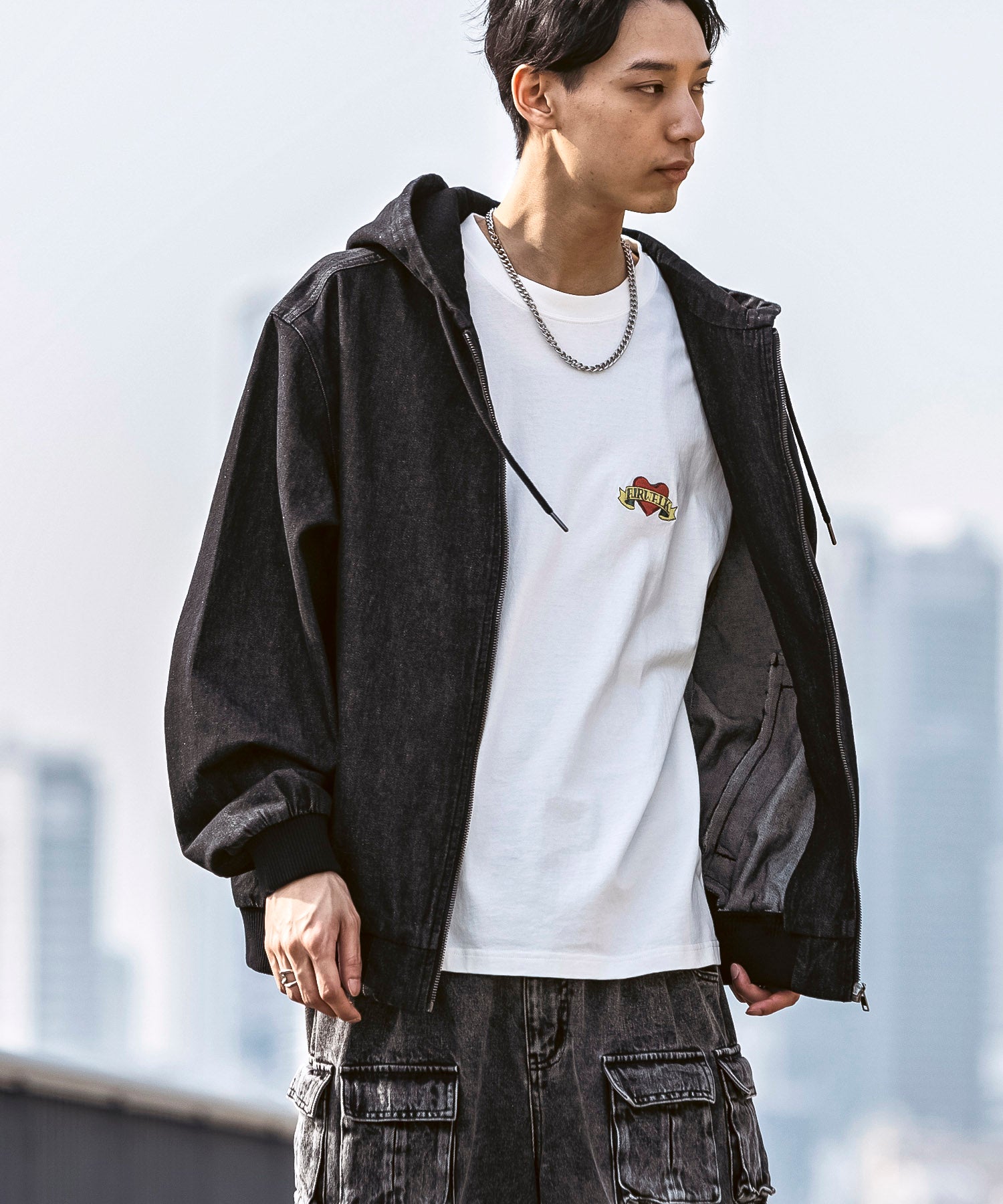 25SS【Labordi / ラボード】デニム / ケミカル加工 ボックスシルエット フーディー ミリタリーフードジャケット