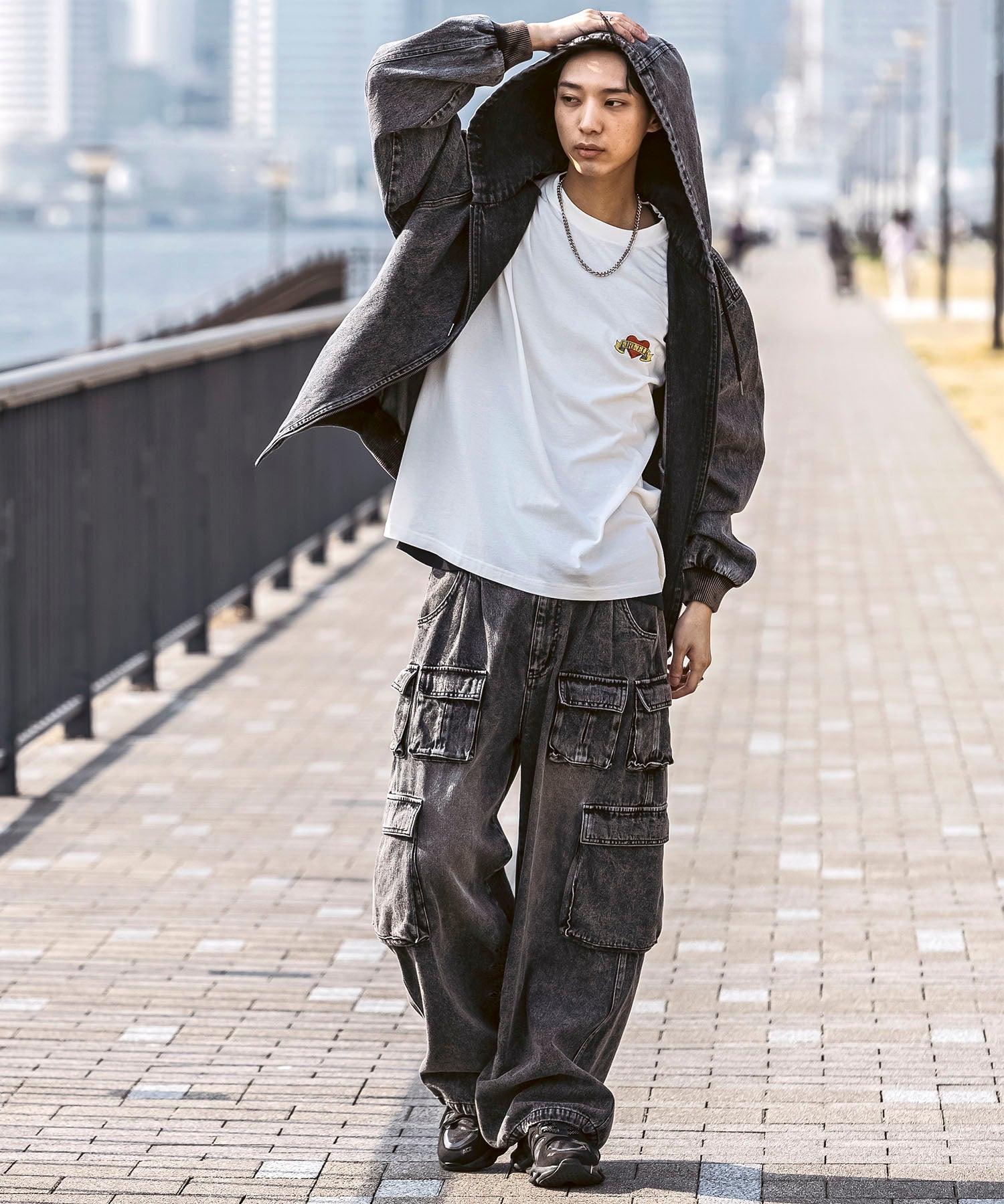 25SS【Labordi / ラボード】デニム / ケミカル加工 ボックスシルエット フーディー ミリタリーフードジャケット