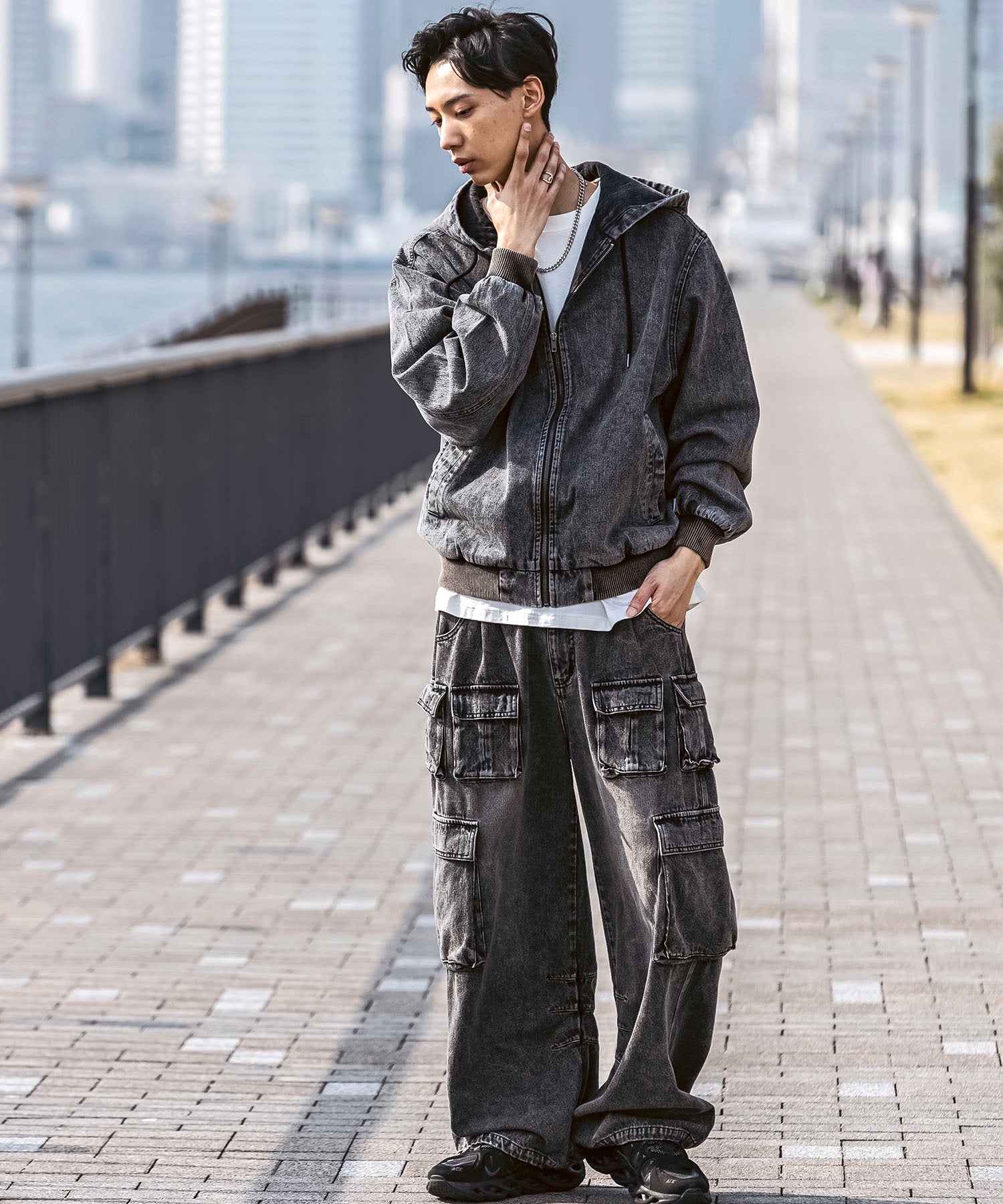 25SS【Labordi / ラボード】デニム / ケミカル加工 ボックスシルエット フーディー ミリタリーフードジャケット