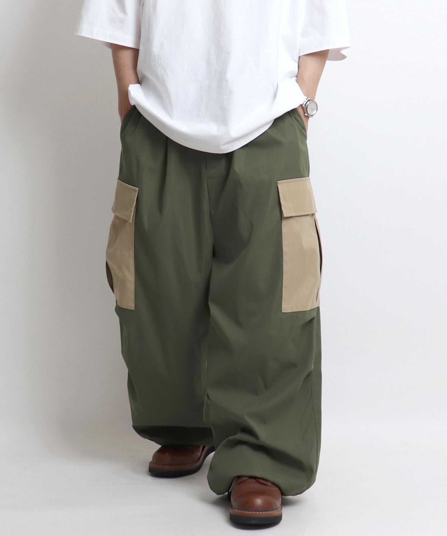 25SS【新色追加】セットアップ対応 ミリタリーワイドカーゴパンツ オーバーサイズ  サイドポケット 裾ドローコード パラシュートパンツ