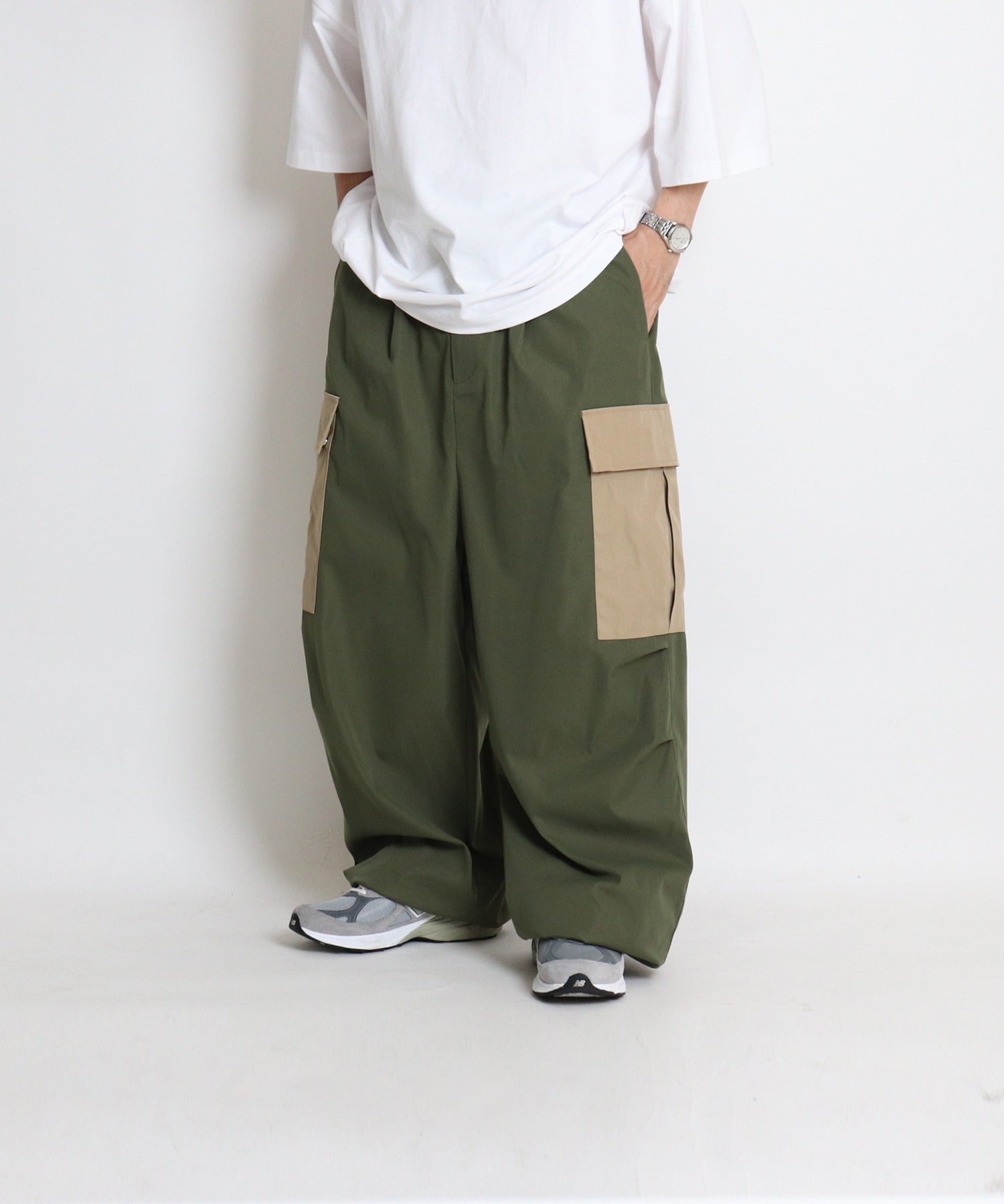 25SS【新色追加】セットアップ対応 ミリタリーワイドカーゴパンツ オーバーサイズ  サイドポケット 裾ドローコード パラシュートパンツ