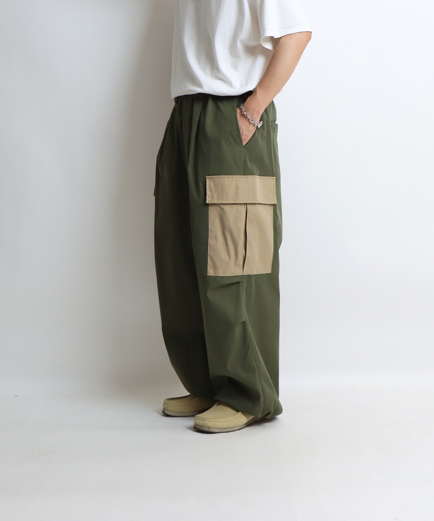 25SS【新色追加】セットアップ対応 ミリタリーワイドカーゴパンツ オーバーサイズ  サイドポケット 裾ドローコード パラシュートパンツ
