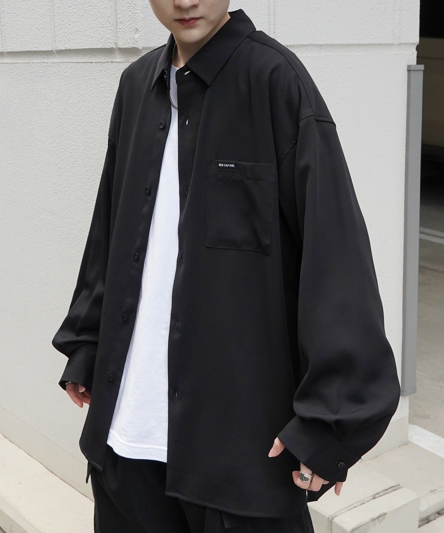 【RED CAP GIRL】25SS バックプリント クレリック 配色 ビッグシルエット長袖シャツ