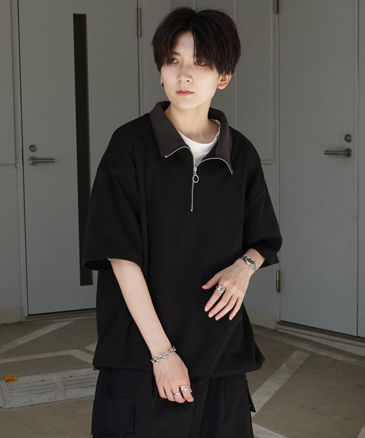 25SS ナチュラルドレープ とろみポンチ ルーズシルエット ドロスト ハーフジップ半袖Tシャツ