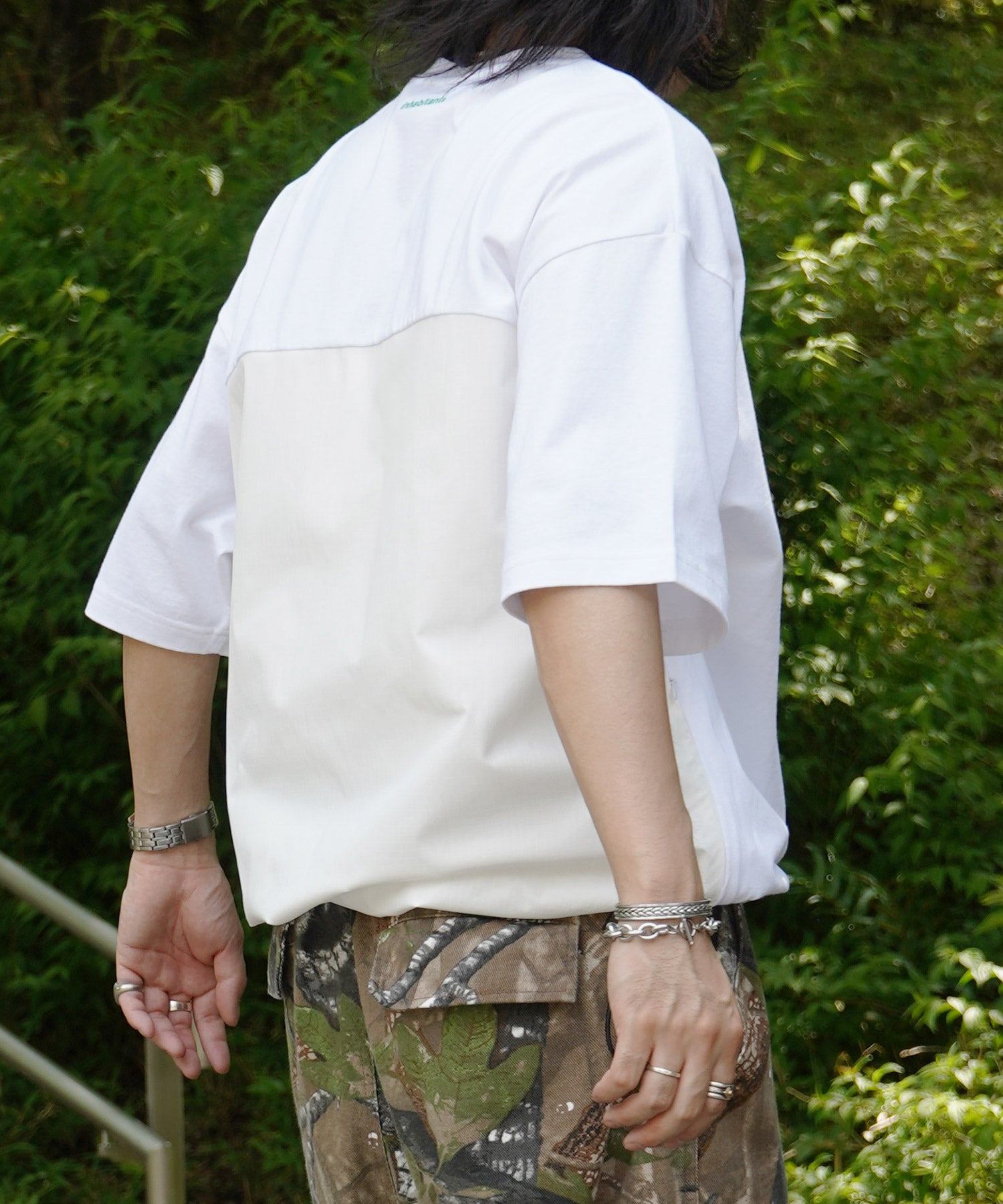 25SS【INHABITANT】ビッグシルエット フロントプリント 切替 半袖ドロストTシャツ