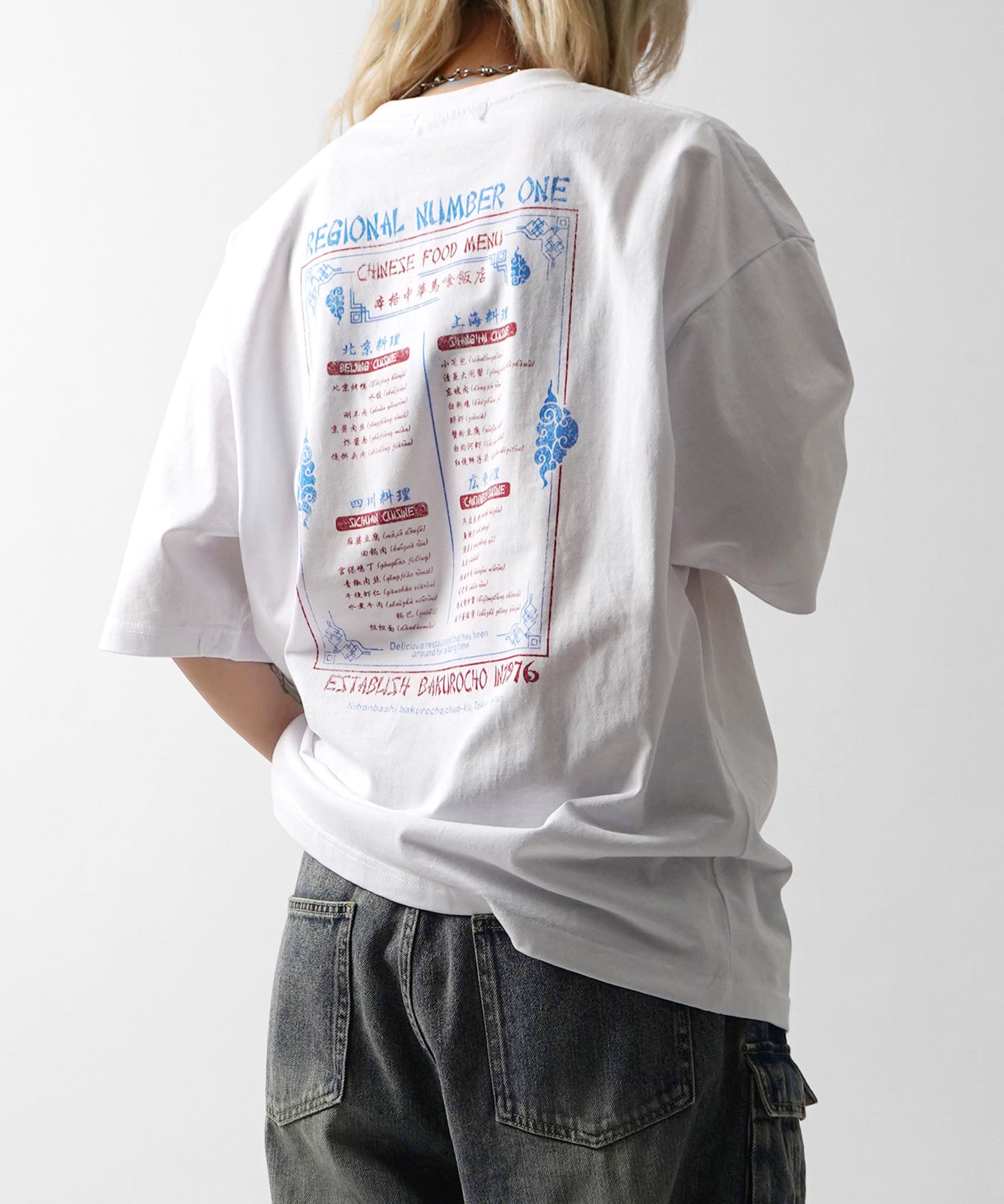 25SS ビッグシルエット "馬喰飯店" 中華メニュー バックプリント半袖Tシャツ