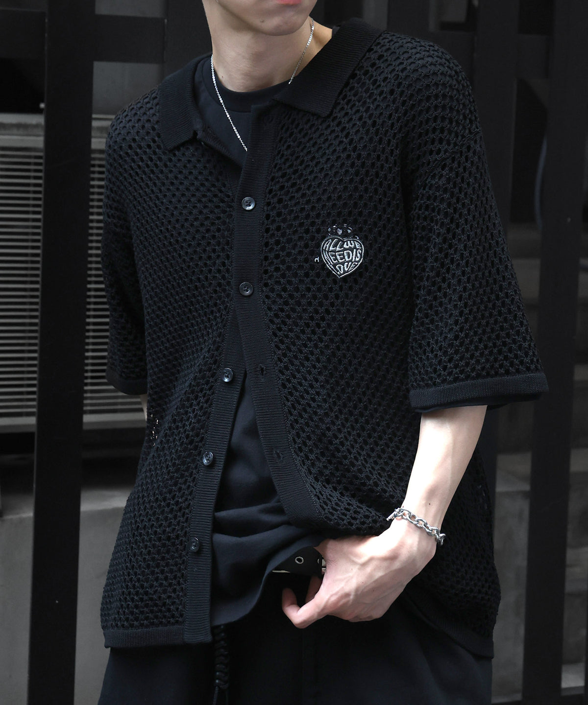 25SS ワッペン ワンポイント刺繍 メッシュニットシャツ