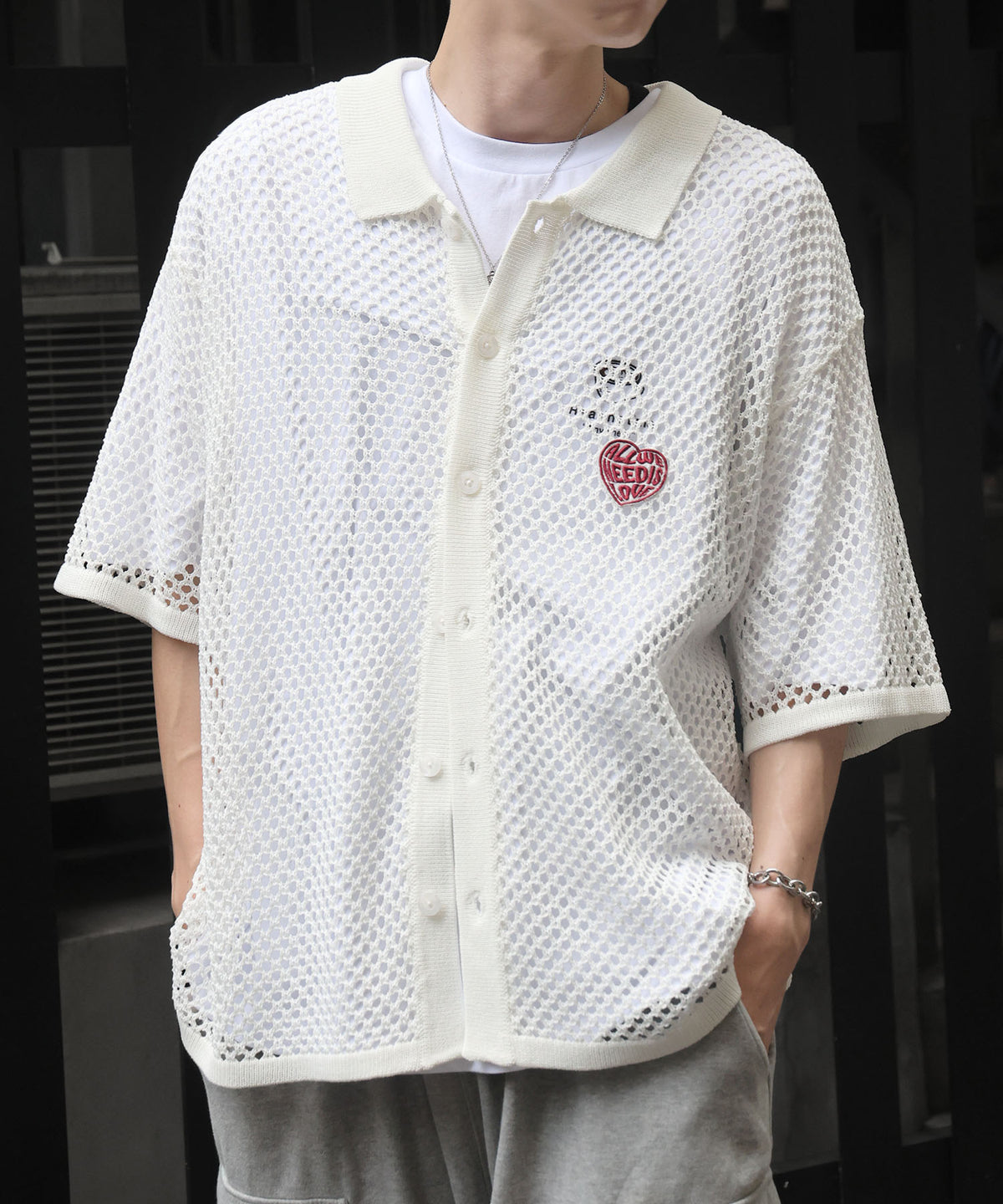 25SS ワッペン ワンポイント刺繍 メッシュニットシャツ