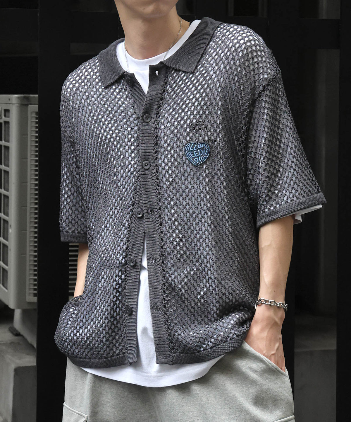 25SS ワッペン ワンポイント刺繍 メッシュニットシャツ