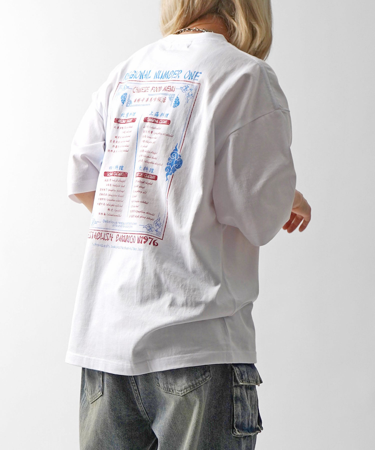 25SS ビッグシルエット "馬喰飯店" 中華メニュー バックプリント半袖Tシャツ