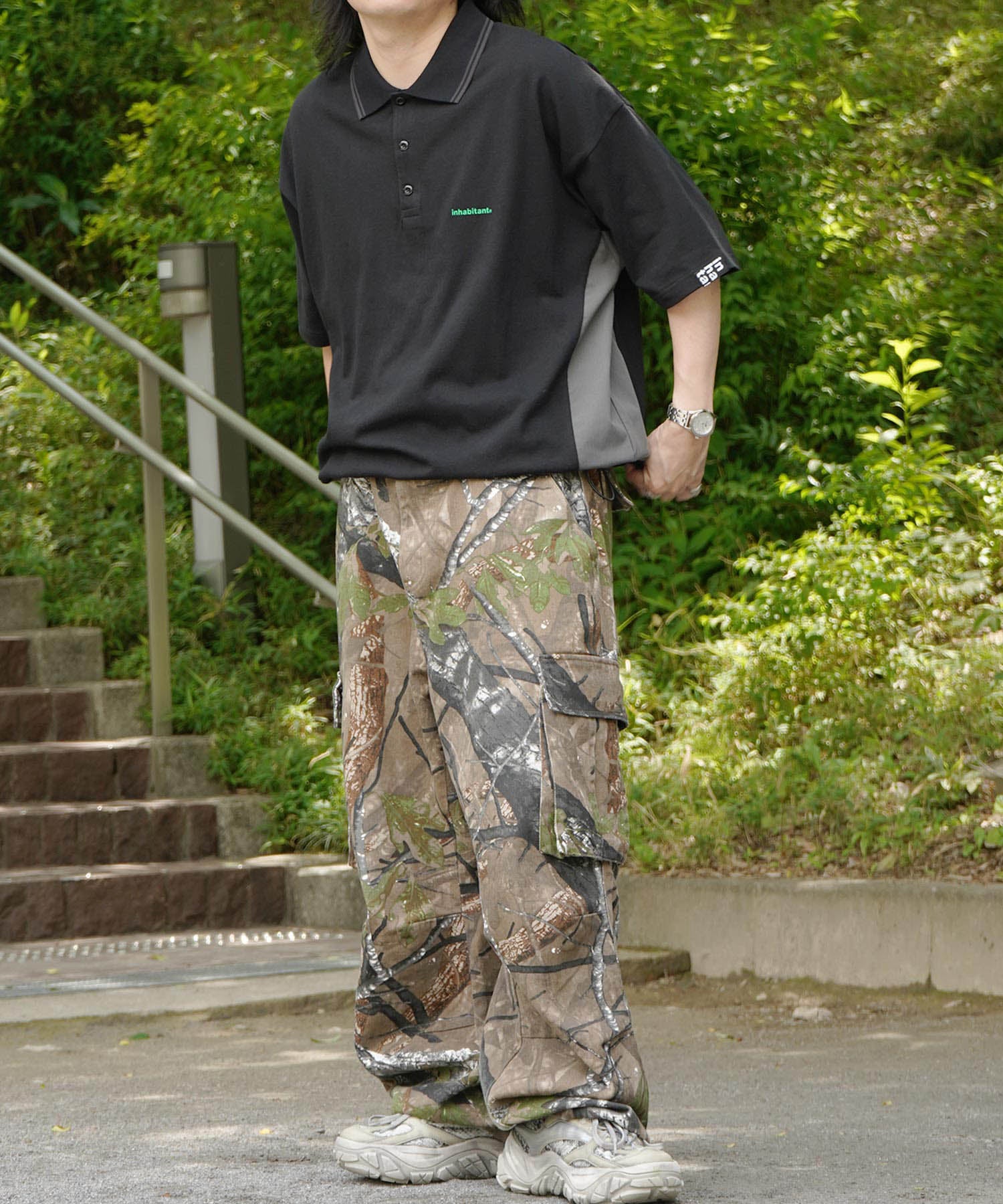 25SS【INHABITANT】ビッグシルエット ワンポイントプリント 半袖切替ポロシャツ
