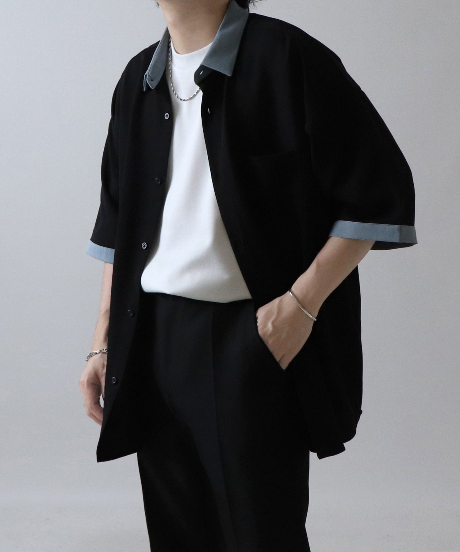 イージーケア ビッグシルエット 襟配色 クレリック半袖シャツ