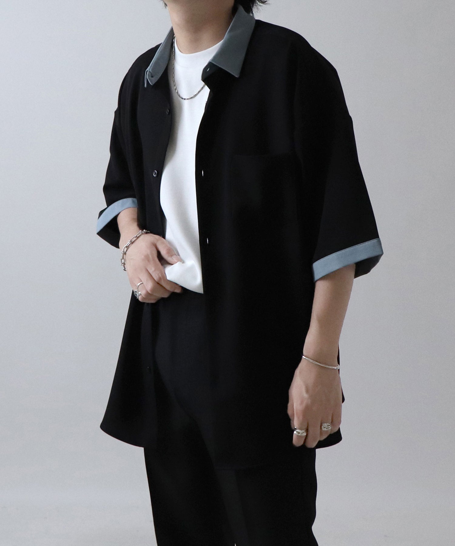 イージーケア ビッグシルエット 襟配色 クレリック半袖シャツ