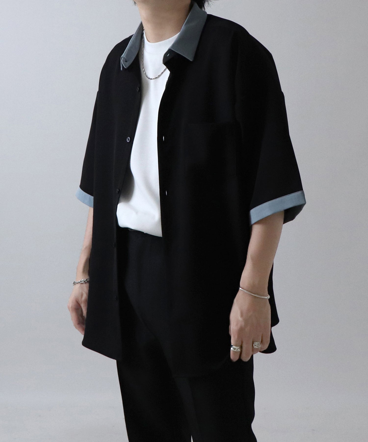 イージーケア ビッグシルエット 襟配色 クレリック半袖シャツ