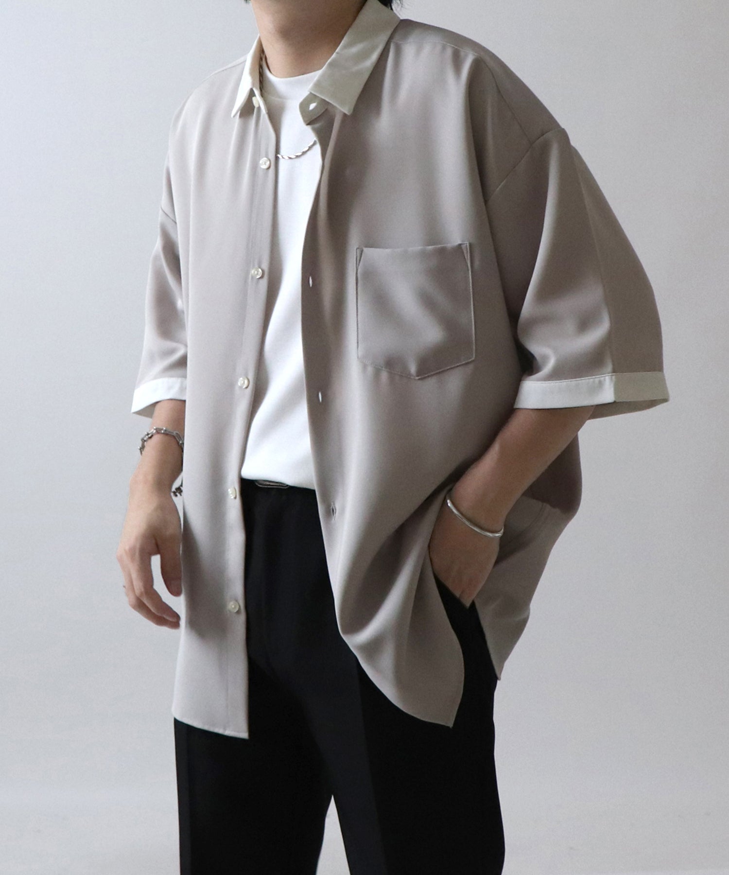 イージーケア ビッグシルエット 襟配色 クレリック半袖シャツ