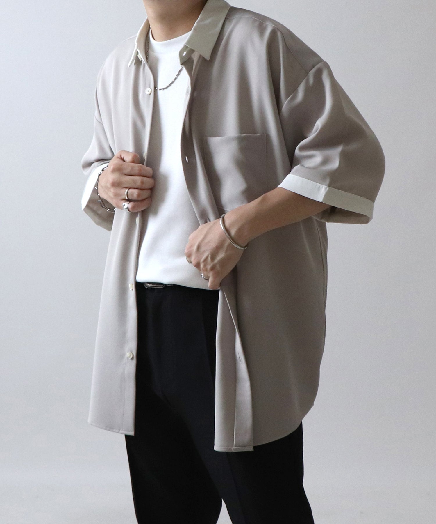 イージーケア ビッグシルエット 襟配色 クレリック半袖シャツ
