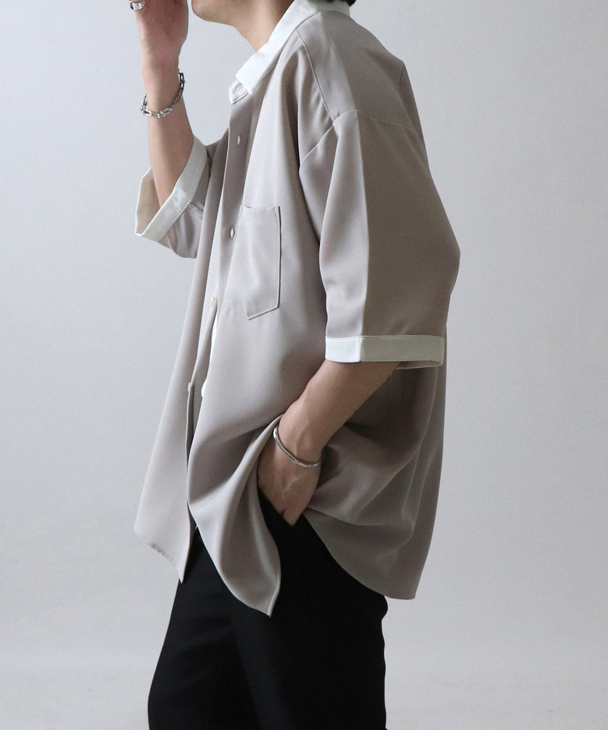 イージーケア ビッグシルエット 襟配色 クレリック半袖シャツ