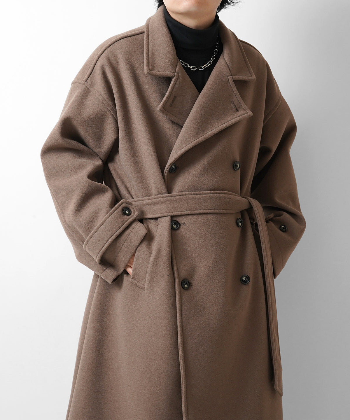 オーバーサイズ ウールライク メルトン スタンドネック ロングトレンチコート