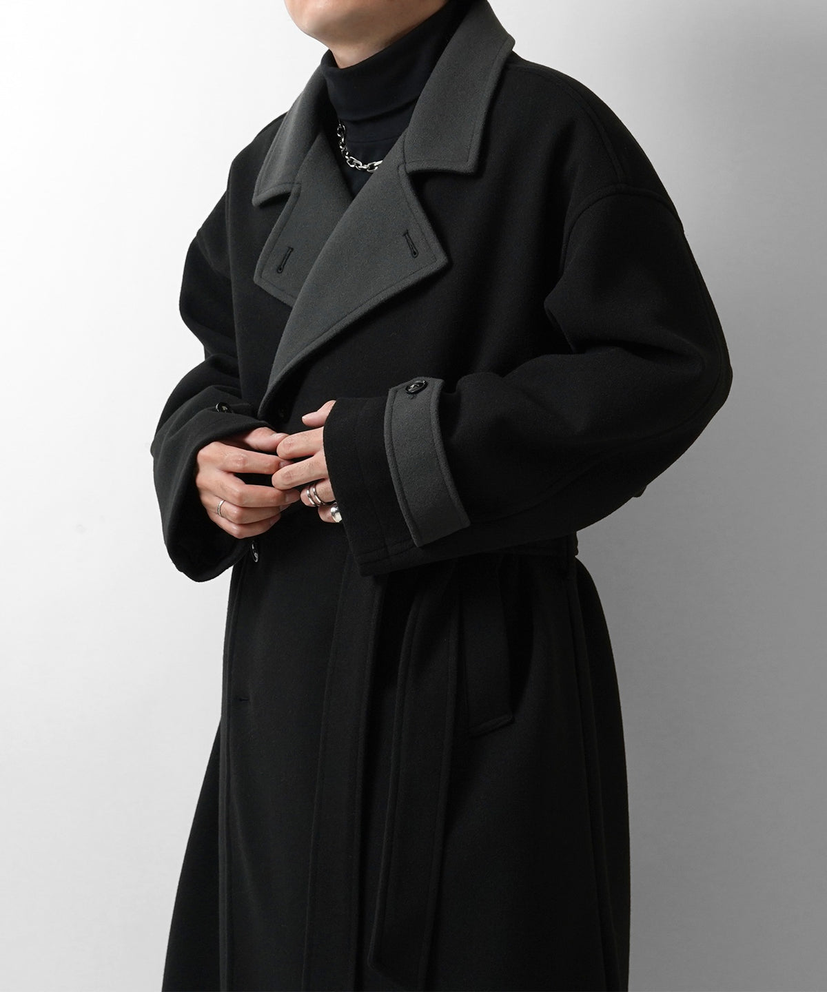 オーバーサイズ ウールライク メルトン スタンドネック ロングトレンチコート