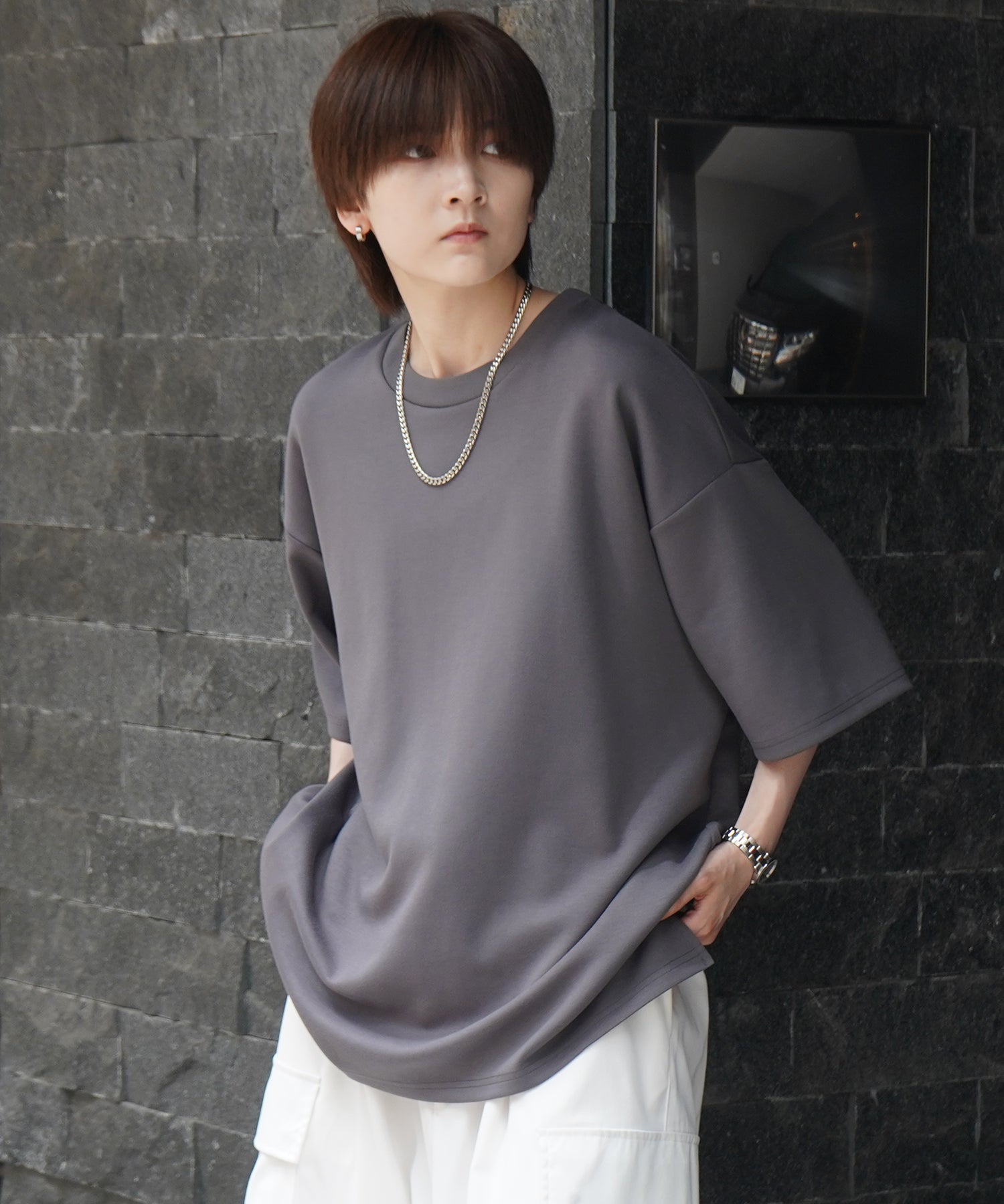 25SS ナチュラルドレープ ビッグシルエット 無地 とろみポンチ半袖Tシャツ