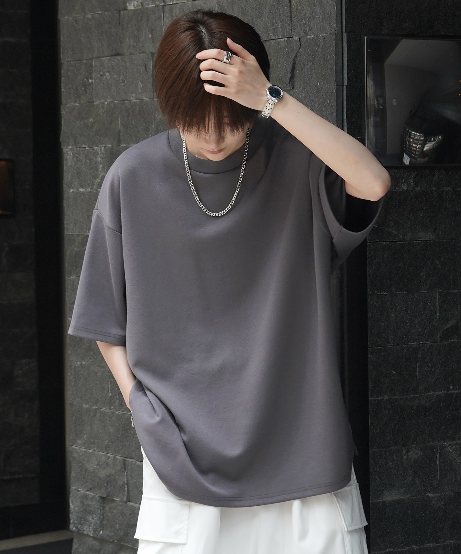 25SS ナチュラルドレープ ビッグシルエット 無地 とろみポンチ半袖Tシャツ