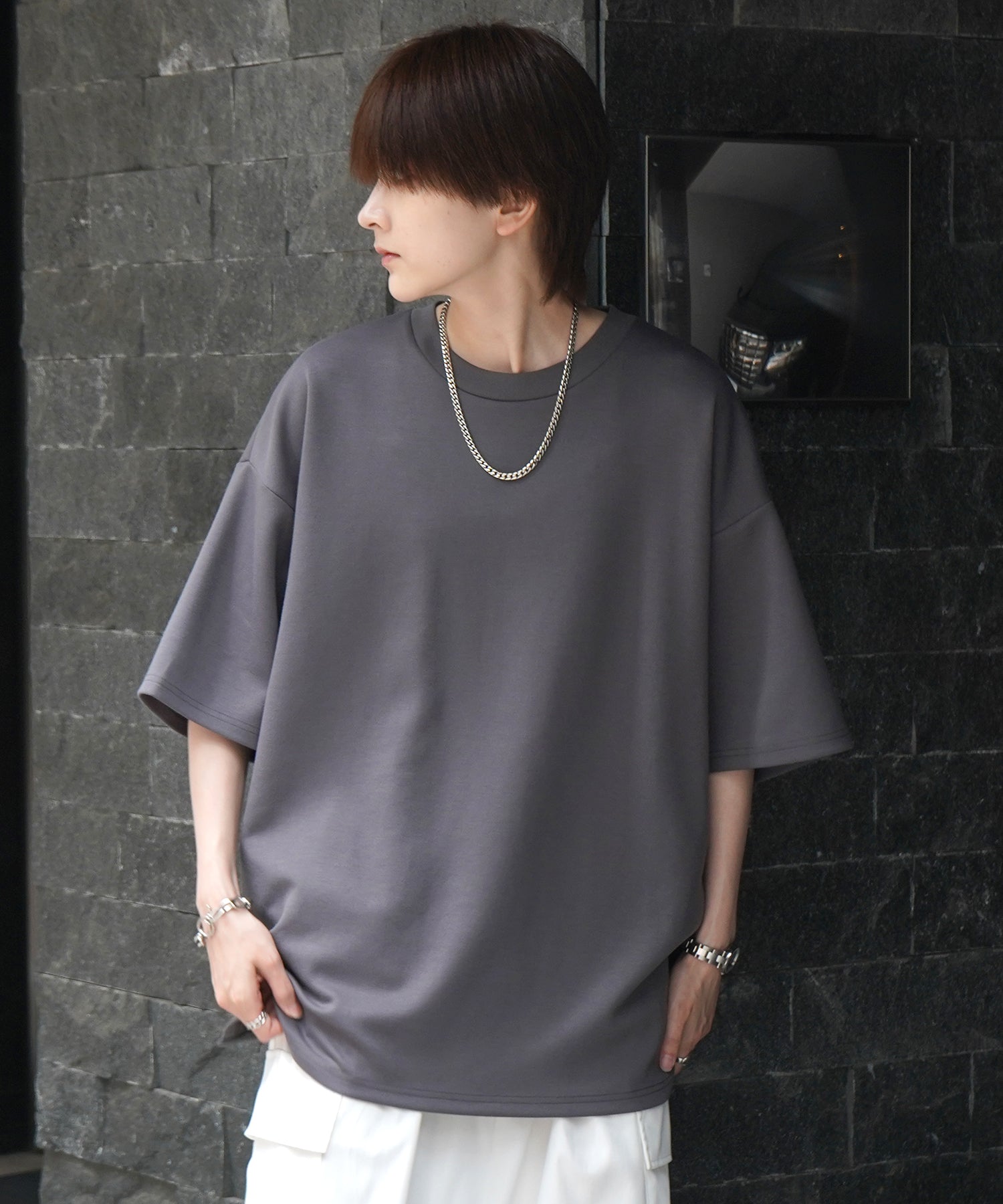 25SS ナチュラルドレープ ビッグシルエット 無地 とろみポンチ半袖Tシャツ