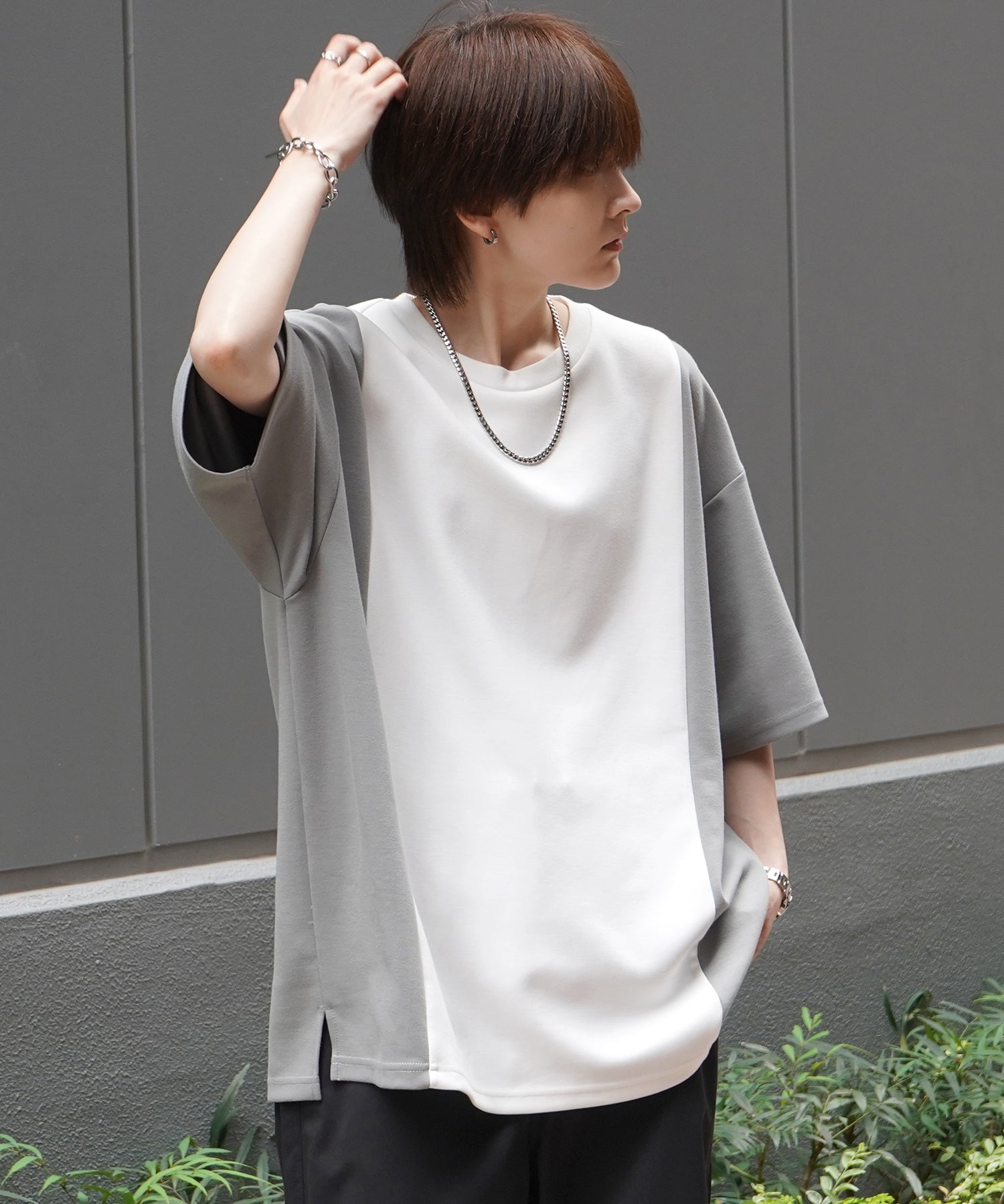 25SS ナチュラルドレープ ビッグシルエット 切替 とろみポンチ半袖Tシャツ