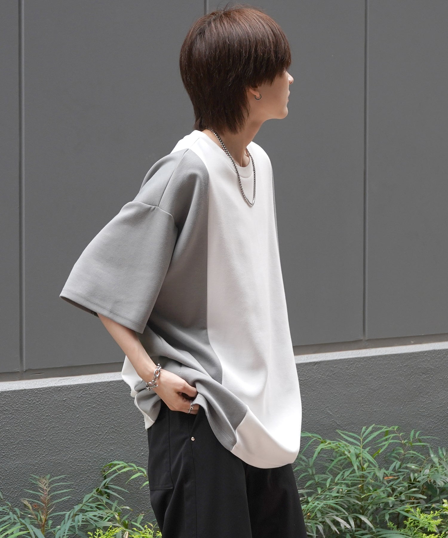 25SS ナチュラルドレープ ビッグシルエット 切替 とろみポンチ半袖Tシャツ