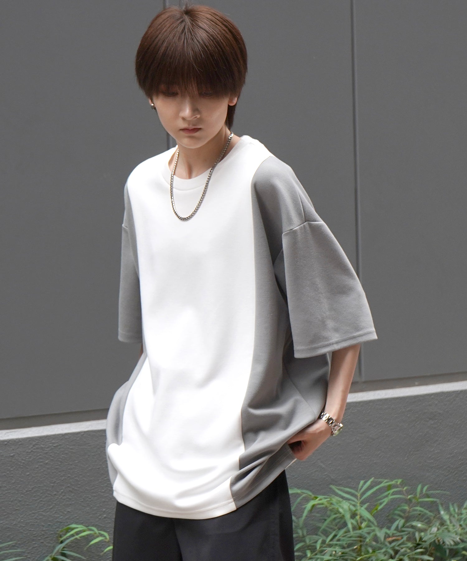 25SS ナチュラルドレープ ビッグシルエット 切替 とろみポンチ半袖Tシャツ