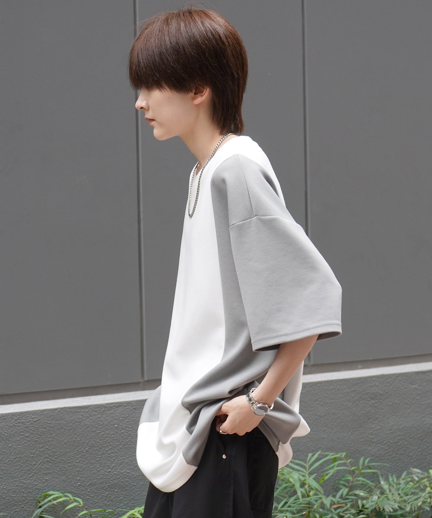 25SS ナチュラルドレープ ビッグシルエット 切替 とろみポンチ半袖Tシャツ