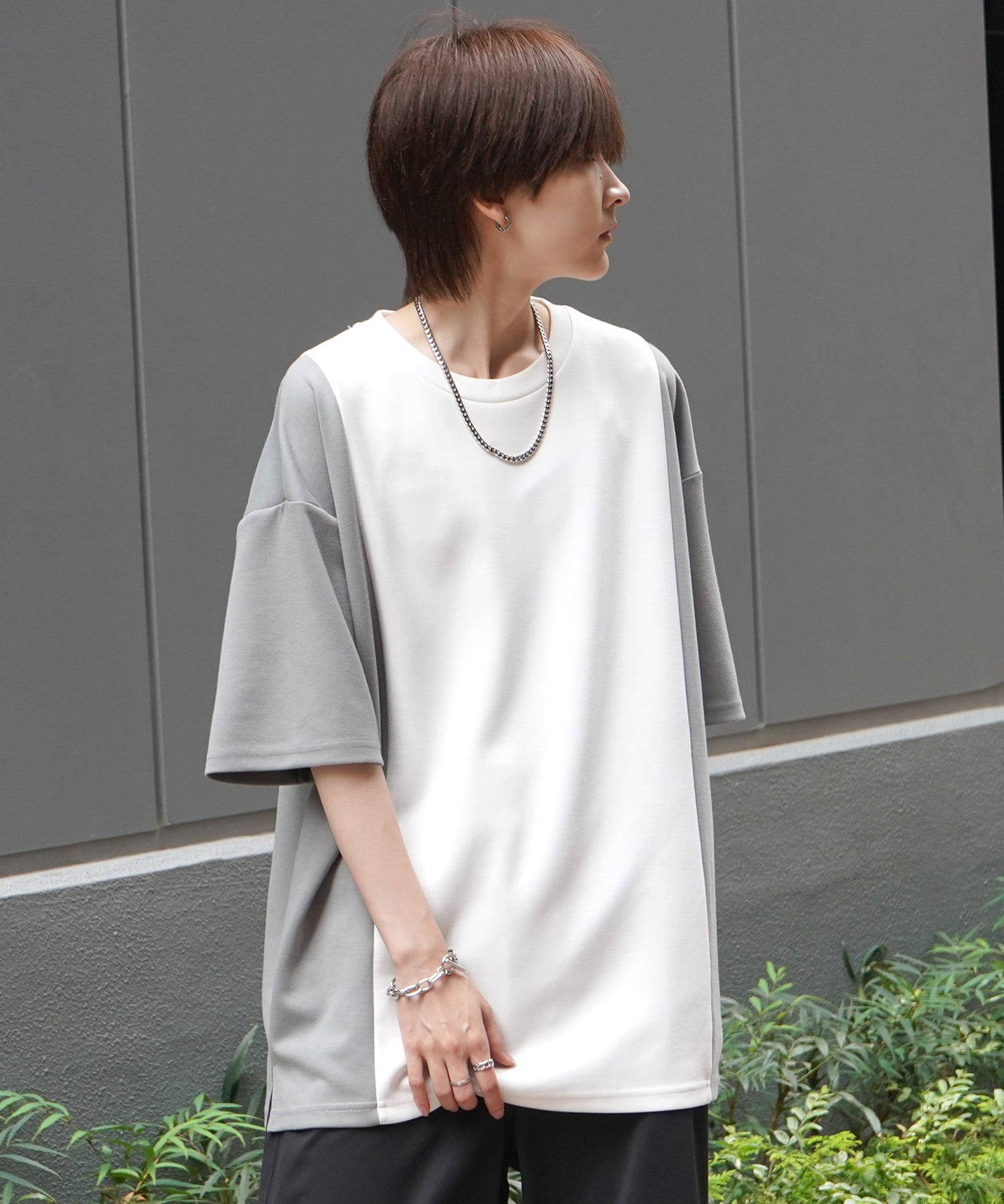 25SS ナチュラルドレープ ビッグシルエット 切替 とろみポンチ半袖Tシャツ