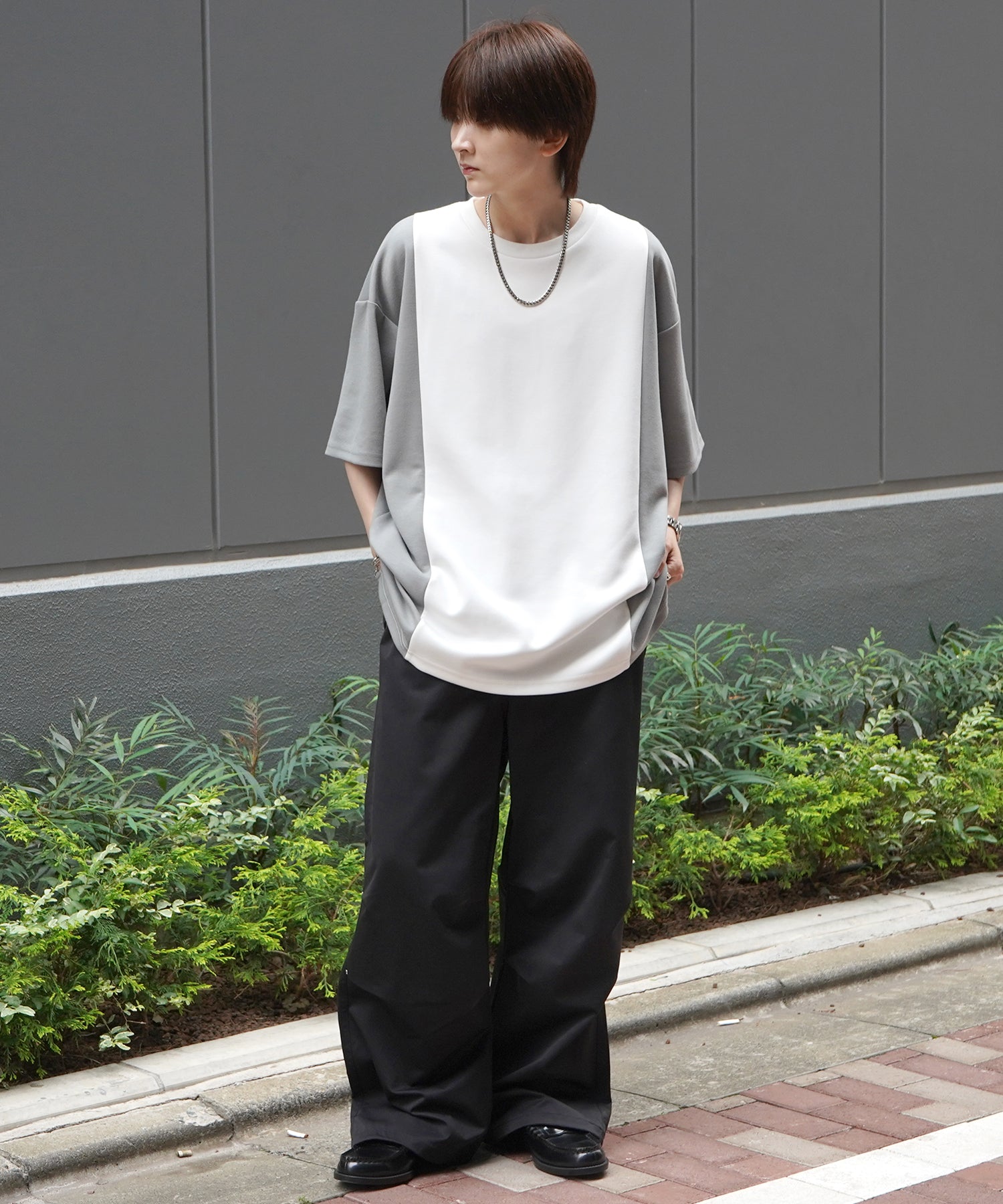 25SS ナチュラルドレープ ビッグシルエット 切替 とろみポンチ半袖Tシャツ