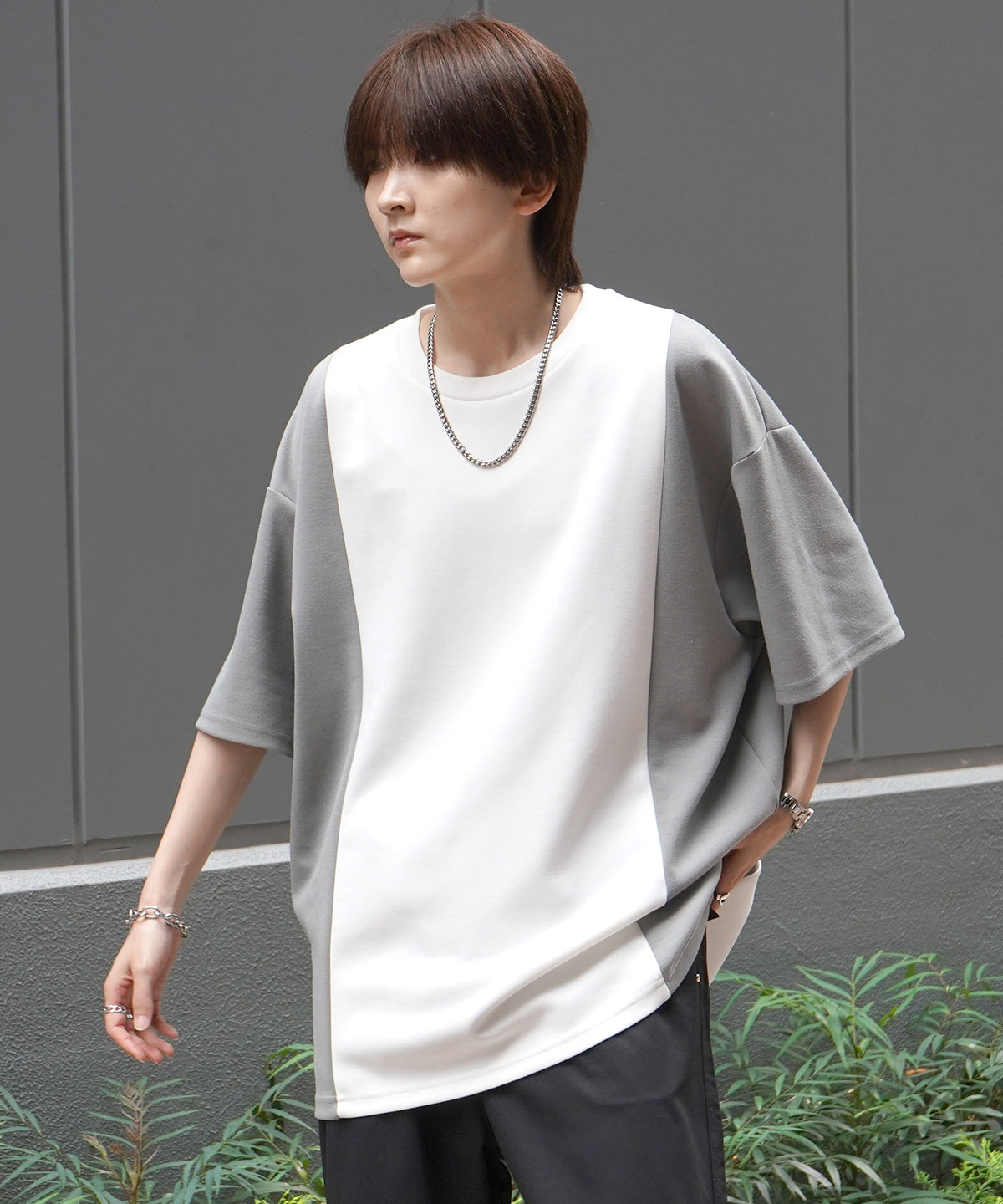 25SS ナチュラルドレープ ビッグシルエット 切替 とろみポンチ半袖Tシャツ