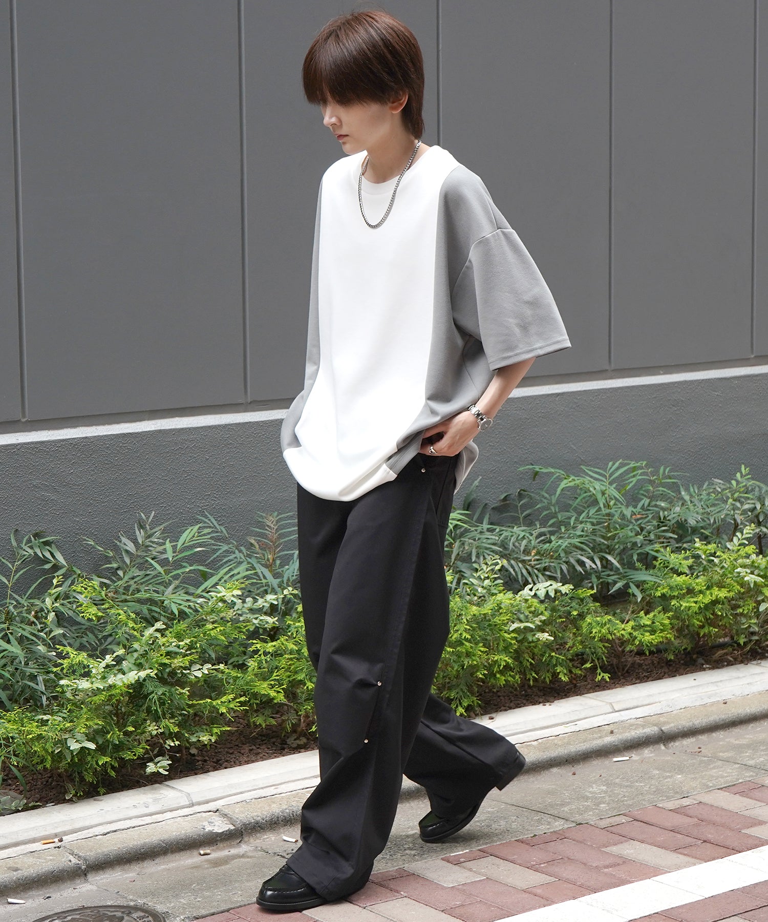 25SS ナチュラルドレープ ビッグシルエット 切替 とろみポンチ半袖Tシャツ