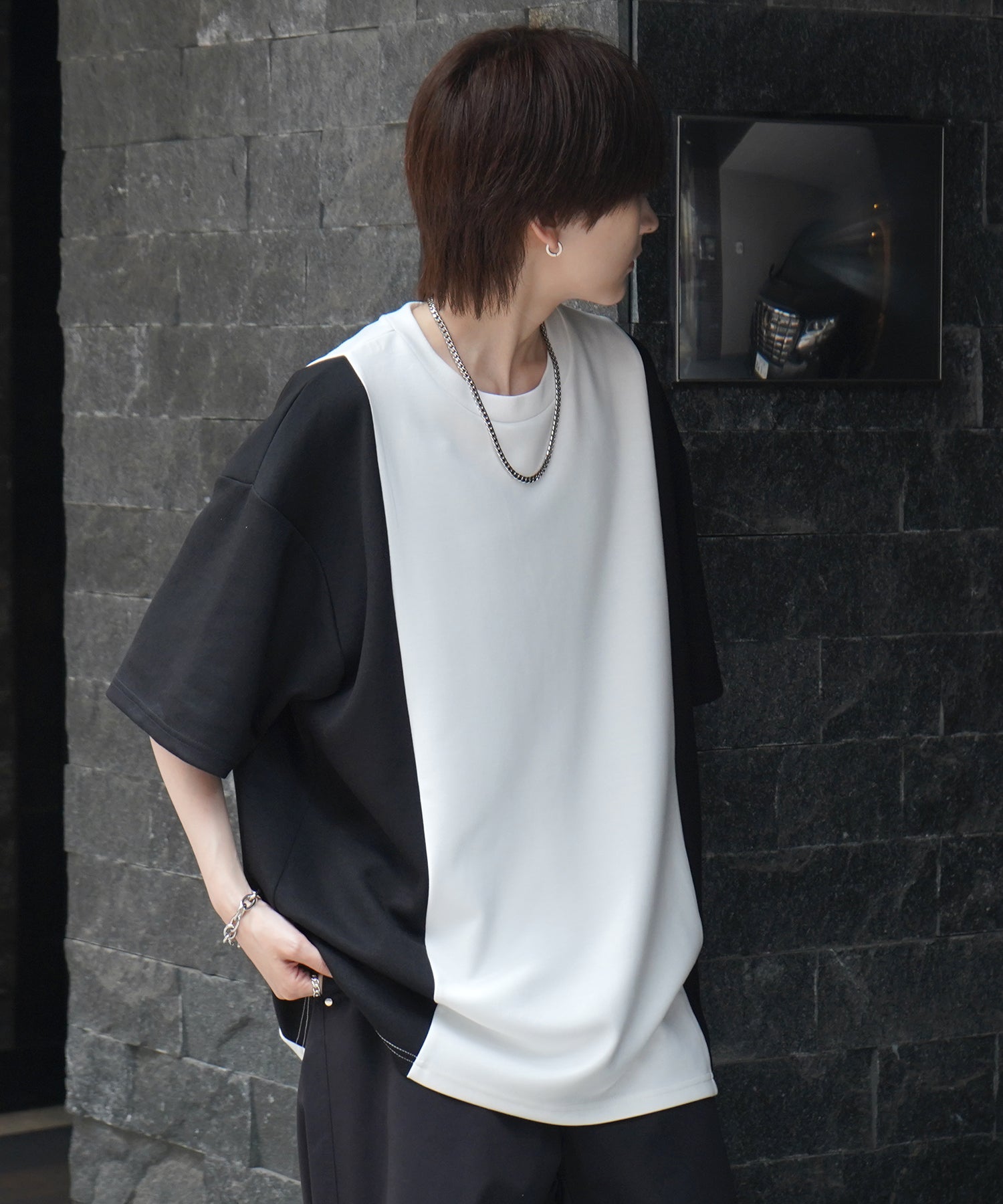 25SS ナチュラルドレープ ビッグシルエット 切替 とろみポンチ半袖Tシャツ