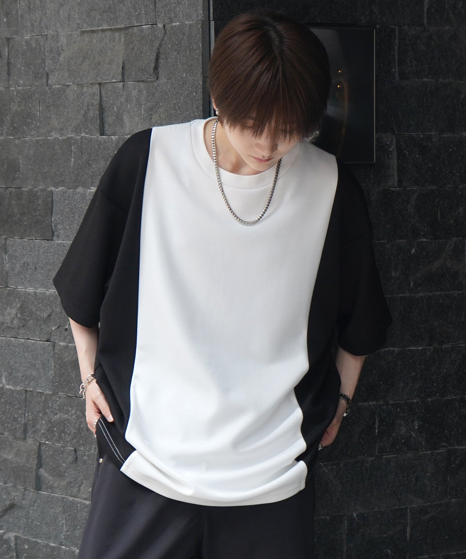 25SS ナチュラルドレープ ビッグシルエット 切替 とろみポンチ半袖Tシャツ