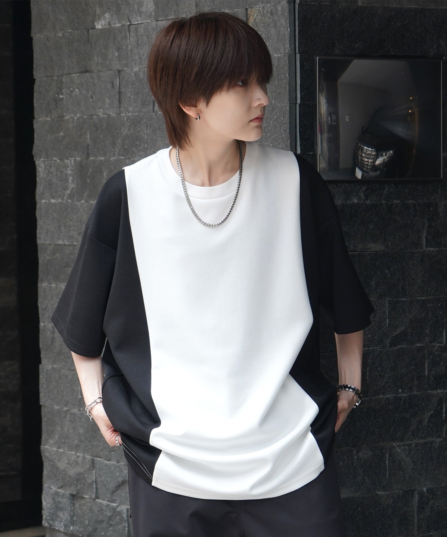 25SS ナチュラルドレープ ビッグシルエット 切替 とろみポンチ半袖Tシャツ