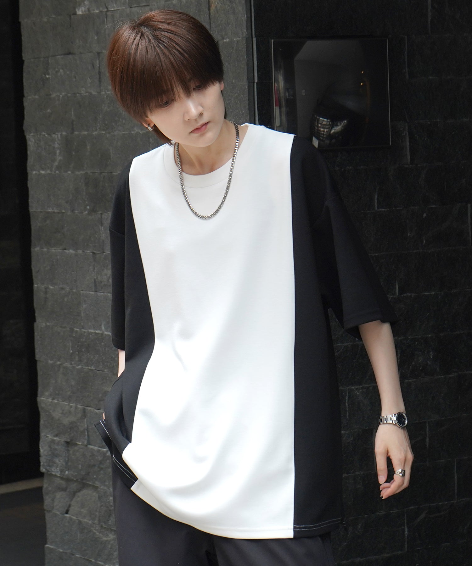 25SS ナチュラルドレープ ビッグシルエット 切替 とろみポンチ半袖Tシャツ